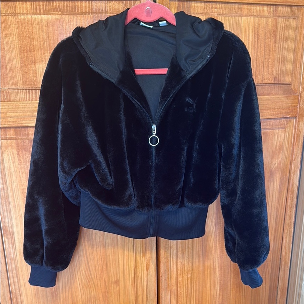 Puma Faux Fur Shearling Black Hooded Cropped Sweatshirt